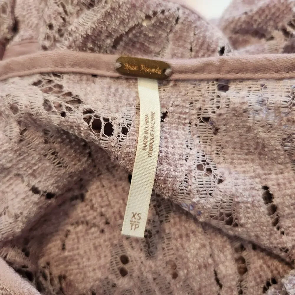 Free People Dress XS Womens Mini Crochet Lace Sheer Mauve Purple Boho Coquette